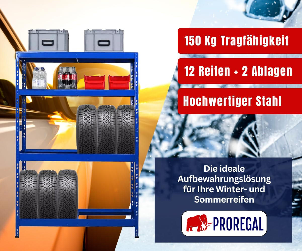 REIFENREGAL Tiger 180x120x40 cm bis zu 12 Reifen auf 2 Ebenen + 2 Ablagen Blau - Blau, Metall (120/180/40cm) - PROREGAL