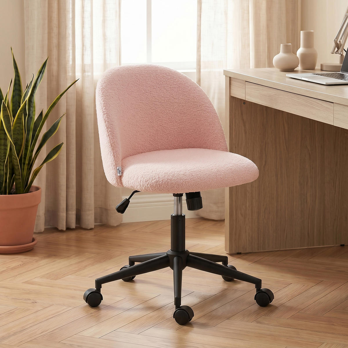 BÜROSTUHL Teddyfleece (100 % Polyester) Rosa - Schwarz/Rosa, Textil/Metall (52/84.5/59cm) - HOMCOM