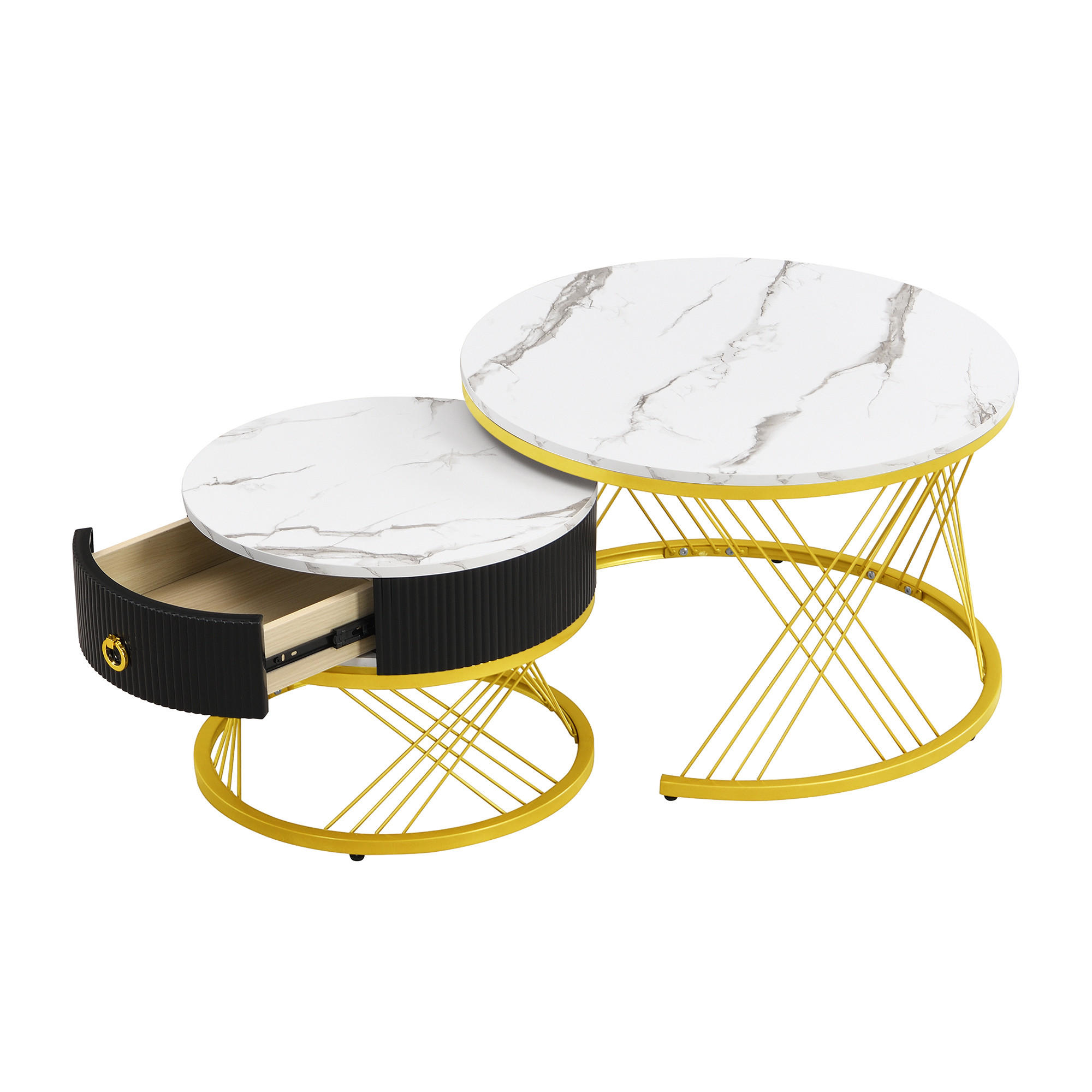 COUCHTISCH 2er-Set mit Schubladen Marmoroptik Golddekor zusammensetzbar - Weiß, Holzwerkstoff/Kunststoff (70/70/45cm) - EVRYAE