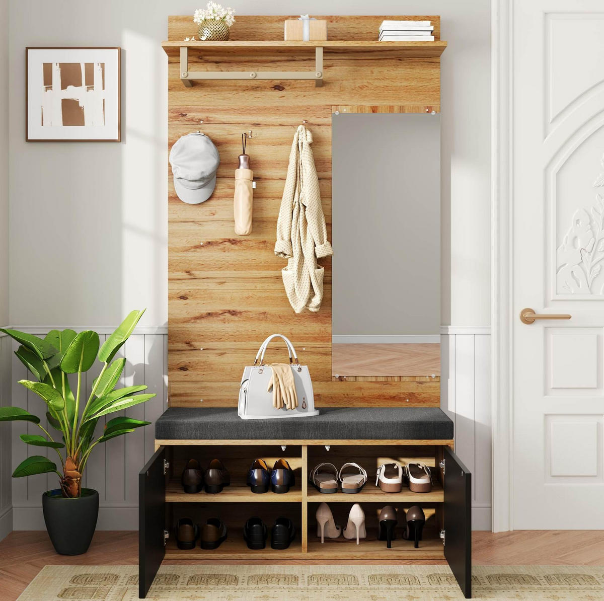 KOMPAKTGARDEROBE mit Spiegel und Schuhschrank Spanplatte Schwarz - Schwarz, Holzwerkstoff (38/190/100cm) - Beauniv