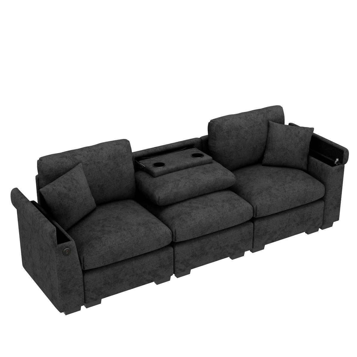 3-SITZER Sofa Chenille mit Klapptisch USB-Anschluss und Stauraum 242/80/88 cm Grau - Grau, Kunststoff/Textil (80/88/242cm) - Redom