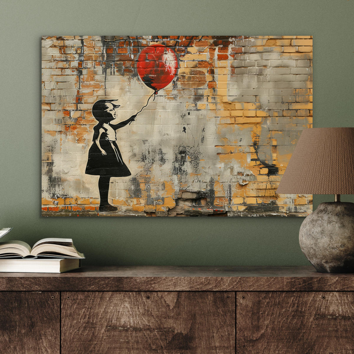METALLBILD Graffiti - Banksy - Mädchen - Straßenkunst 60x40 cm - Sandfarben, Metall (60/40cm) - MuchoWow