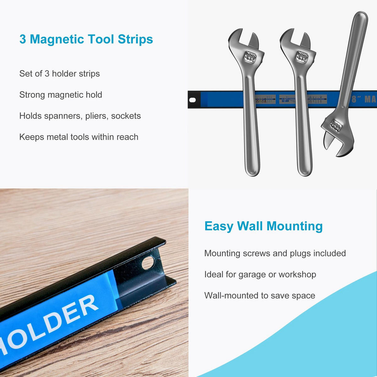 MAGNETLEISTEN-SET für Werkzeug (3-tlg.) - Schwarz, Metall (2.3/1.3/45.5cm)