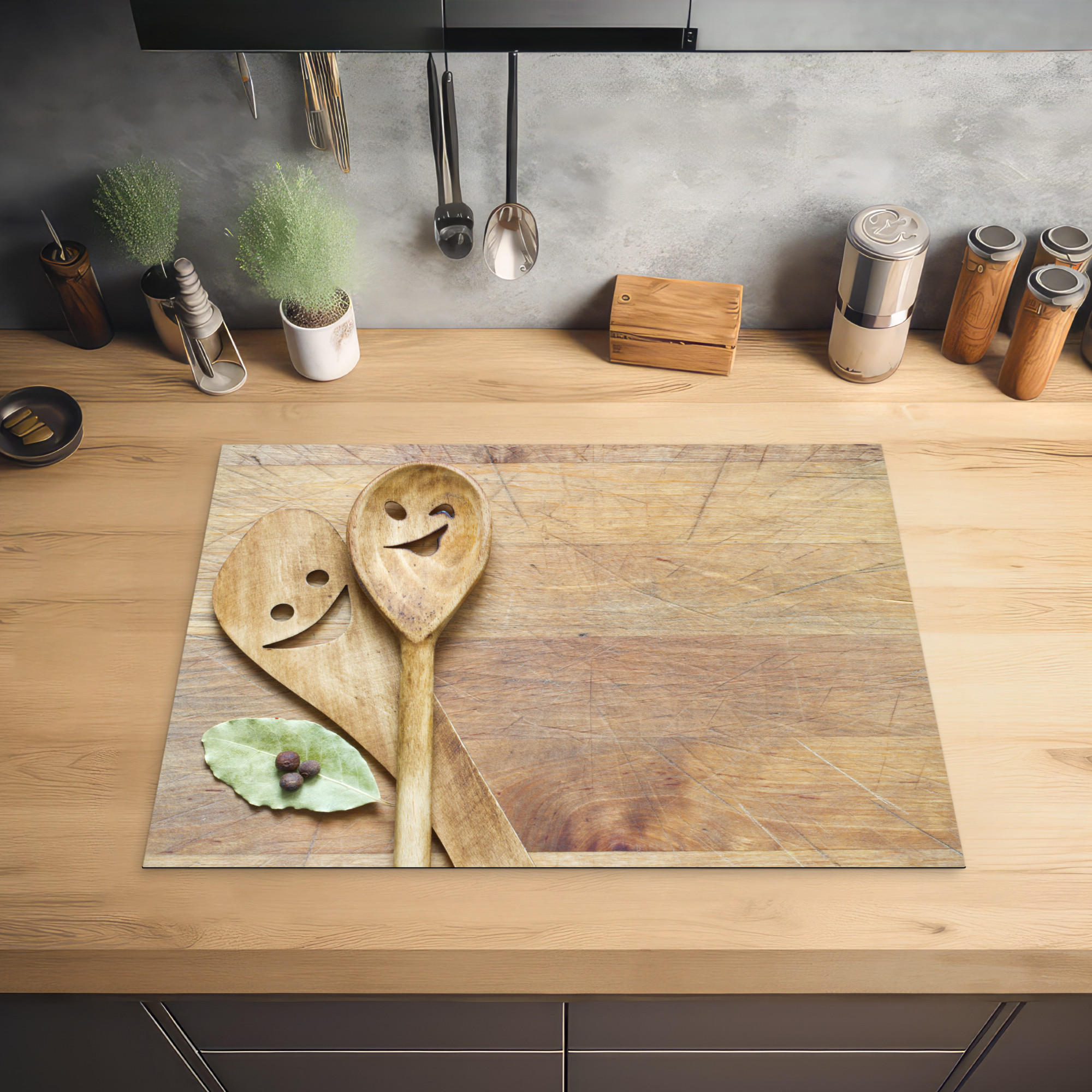 HERDABDECKPLATTE Holz - Löffel - Braun - Smiley 70x52 cm - Hellbraun, Kunststoff (70/0.2/52cm) - MuchoWow