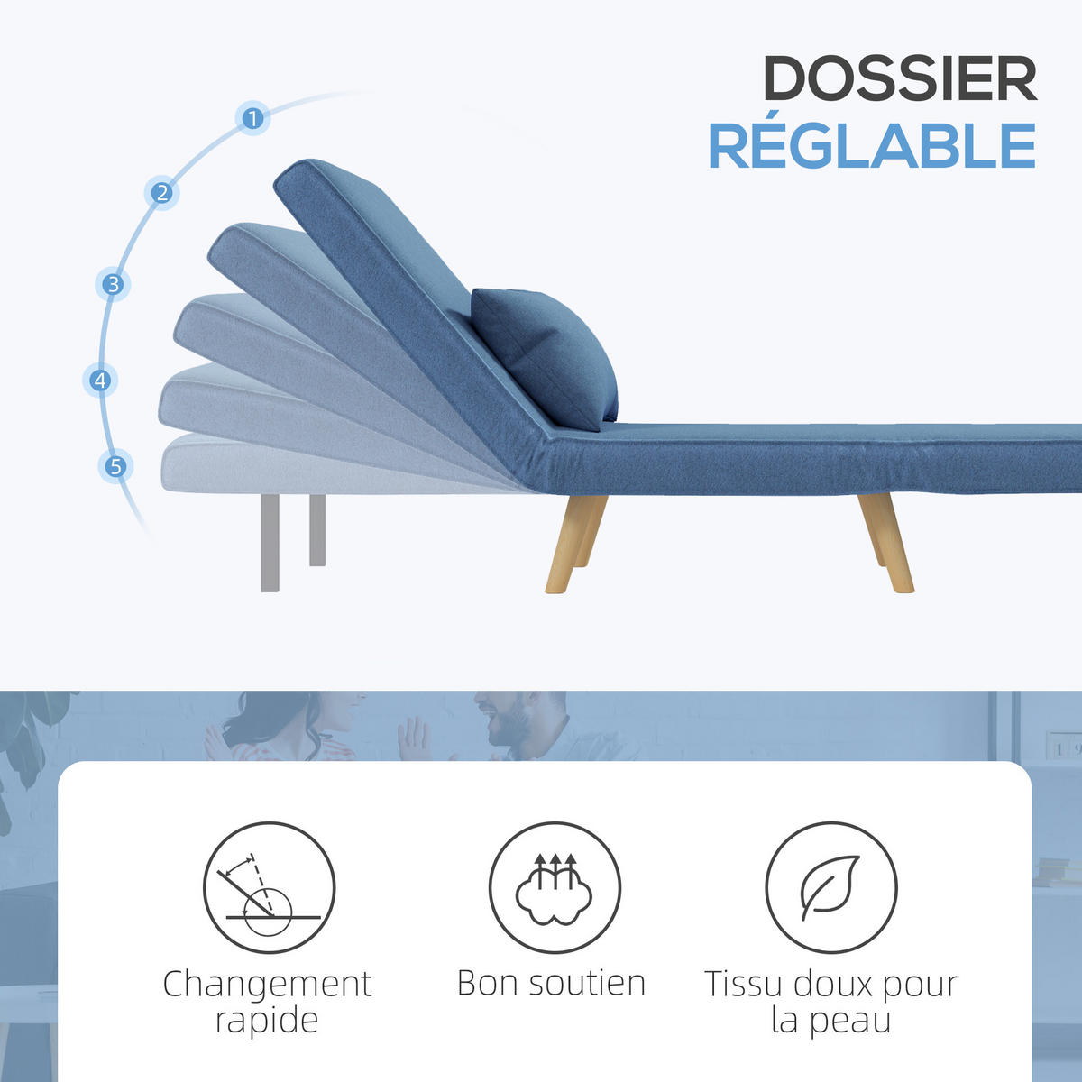 SCHLAFSESSEL 3-in-1 DE-14575 mit 5-fach verstellbarer Rückenlehne Blau - Blau, Textil (72/85/75cm) - ComfortXL