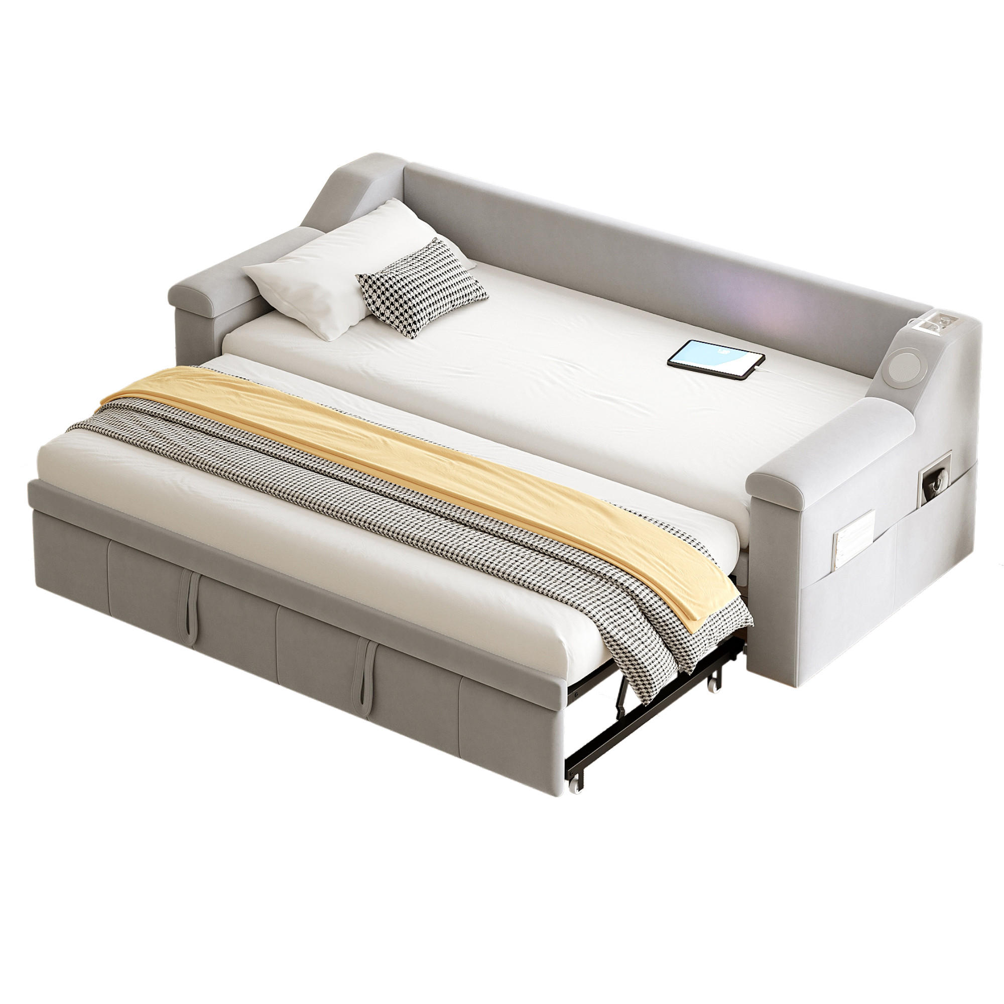 AUSZIEHBETT 90/190 cm mit Bluetooth-Stereoanlage und USB-Anschlüssen - Beige, Textil (90/190cm) - OKWISH