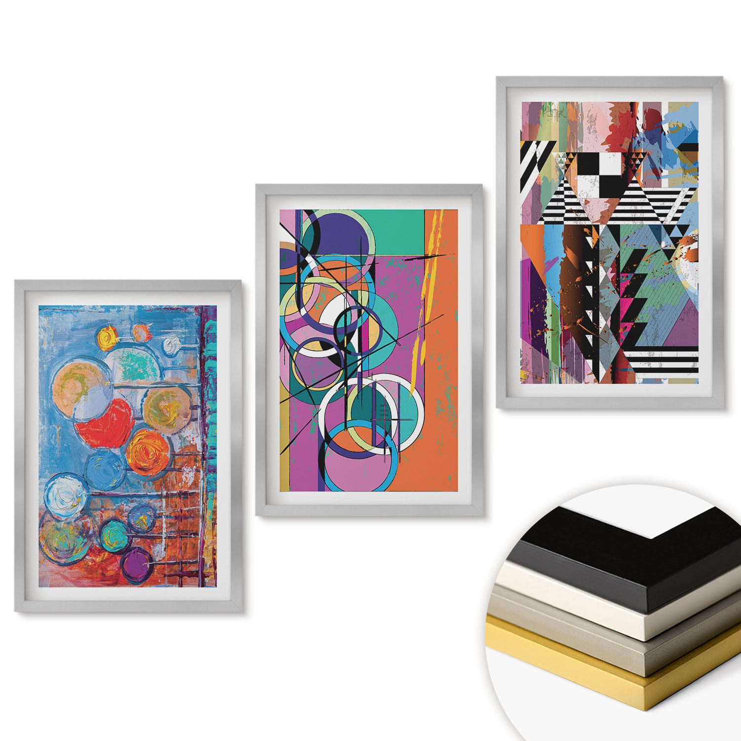 WANDBILDER 3er Set - 40x60 cm Silberner Rahmen - Bunte abstrakte Kreise Geometrie - Silberfarben, Kunststoff (40/60cm) - ArtPrintCave