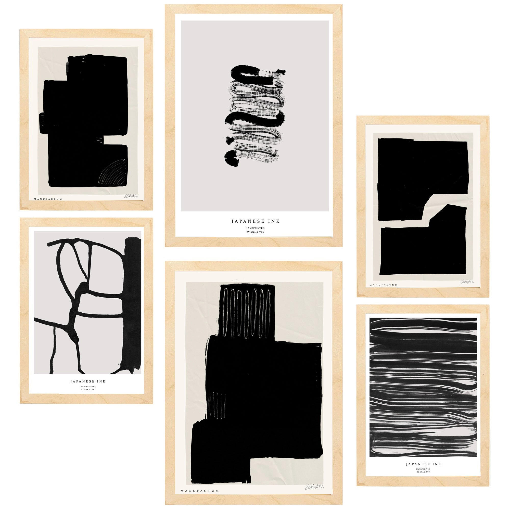 POSTER Set Mit 6 Japanische Tuschekunst Schwarzweiß A3 & A4 Rahmen Aus Hellem Holz - Beige, Papier (29/3cm) - Nacnic