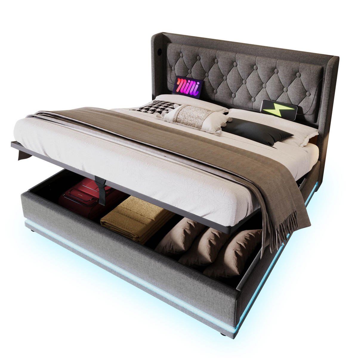 POLSTERBETT aus Baumwolle 180x200 cm in Grau mit LED & USB-C-Ladefunktion - Grau, Textil (180/200cm) - Modfu