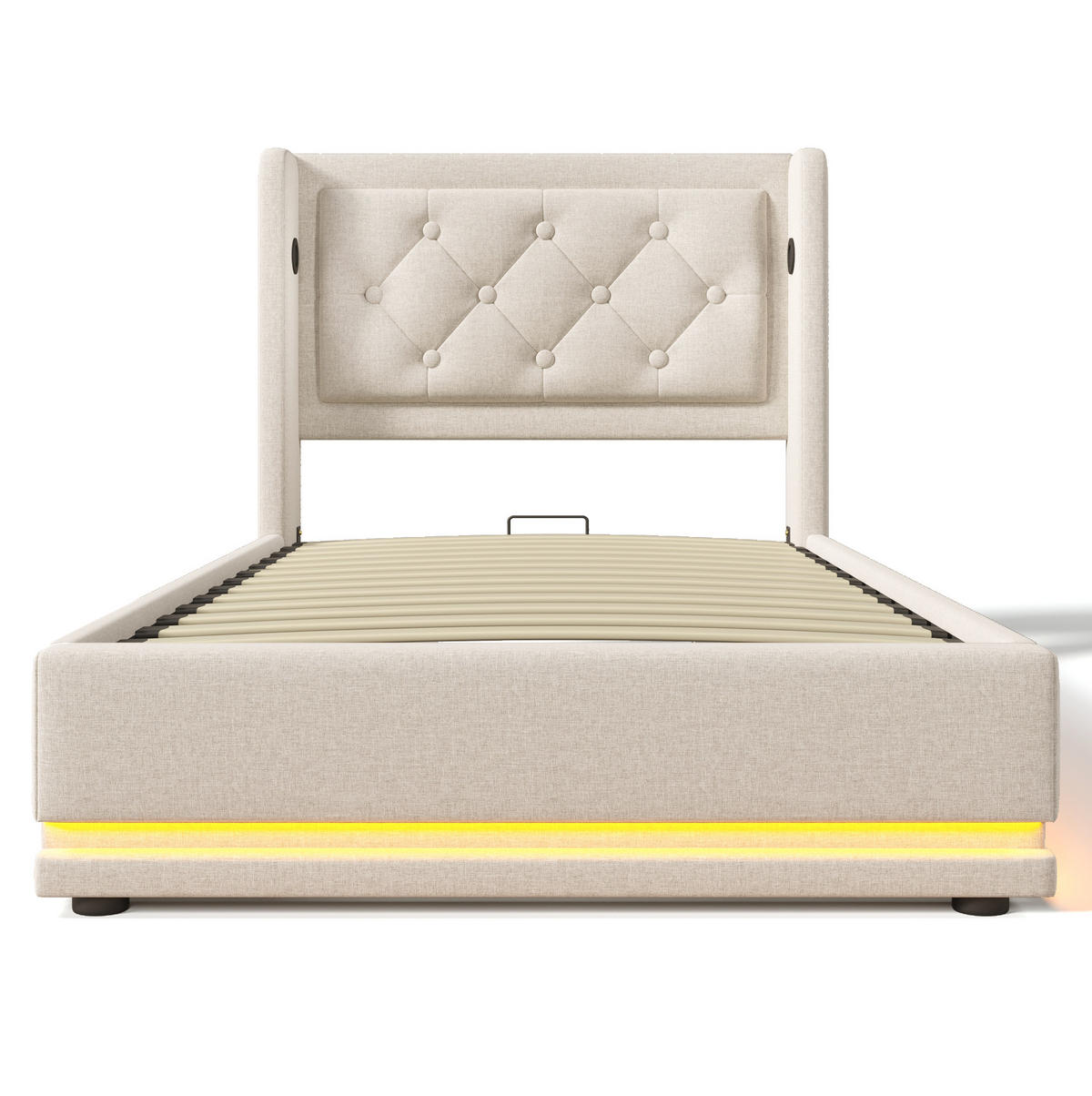 POLSTERBETT 90/200 cm Beige aus Baumwolle mit LED, Stauraum und USB-C - Beige, Textil (90/200cm) - OKMYHOME
