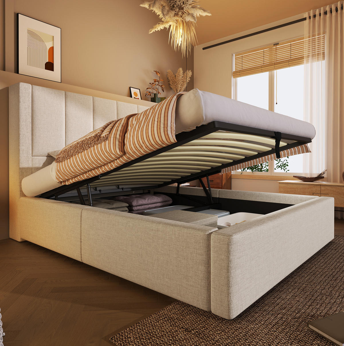 POLSTERBETT 90/200 cm Beige mit Stauraum und integrierter Ladestation mit Matratze aus Leinen - Beige, Textil (90/200cm) - OKWISH
