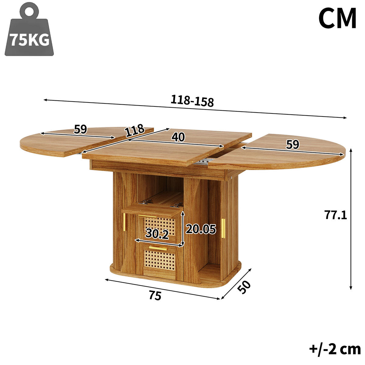 JEDILNA MIZA v naravni barvi, raztegljiva miza s predali, večnamenska za kuhinjo in dnevno sobo, 118–158 cm - temno rjava, kovina/leseni material (158/118/77.1cm) - STILVORA