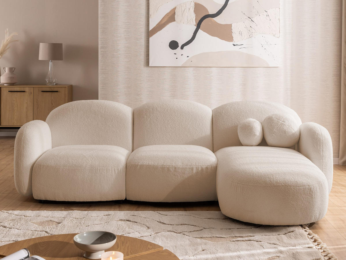 ECKSOFA Nuvola mit abgerundetem Design Hellbeige Bouclé-Stoff - Ottomane Rechts - Beige/Schwarz, Holz/Kunststoff (268/146cm) - S-Style Möbel
