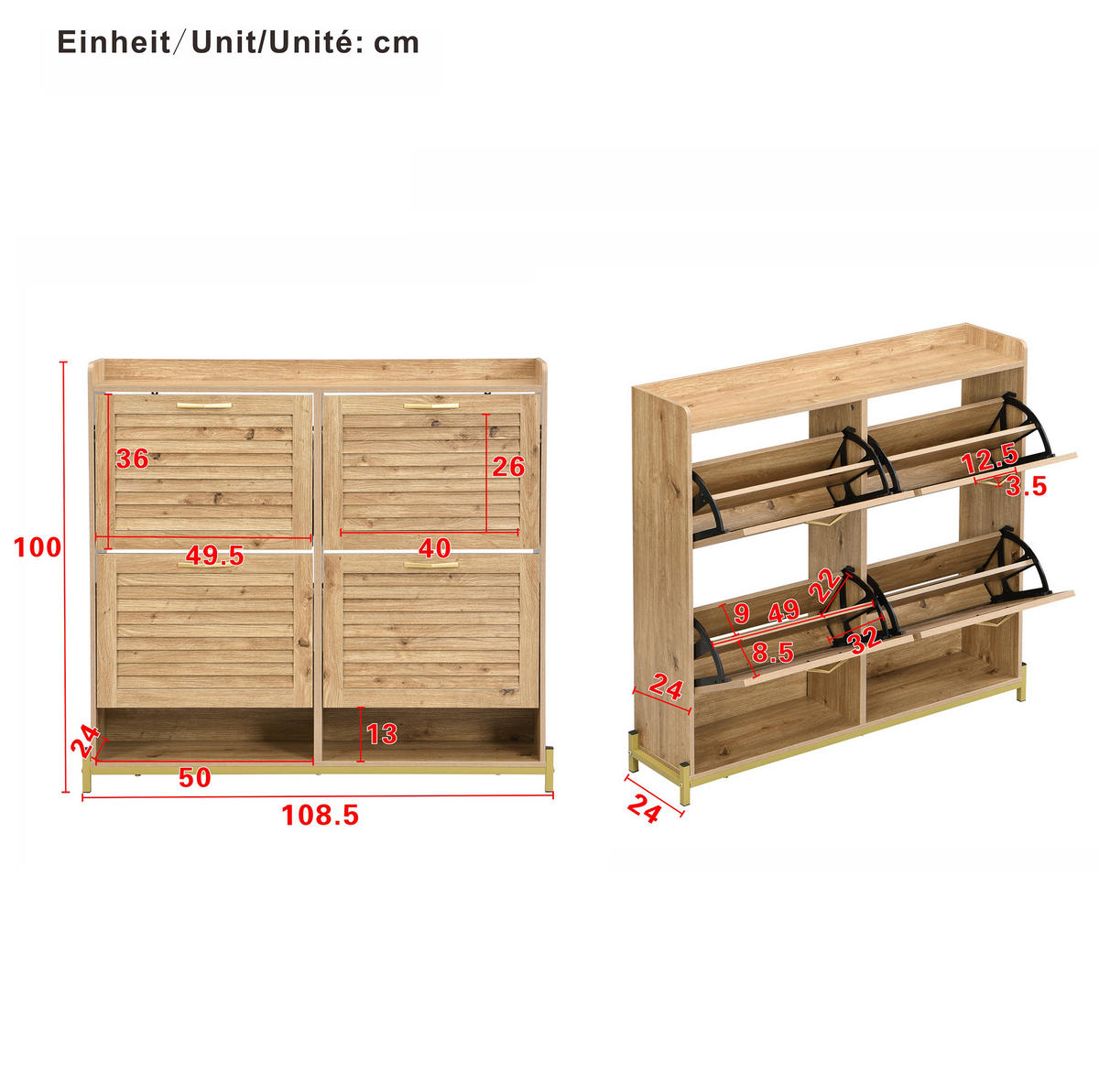 SCHUHSCHRANK aus MDF 108,5x24x100cm in Naturfarben mit 4 Türen - Naturfarben, Holzwerkstoff (108.5/100/24cm) - Modfu