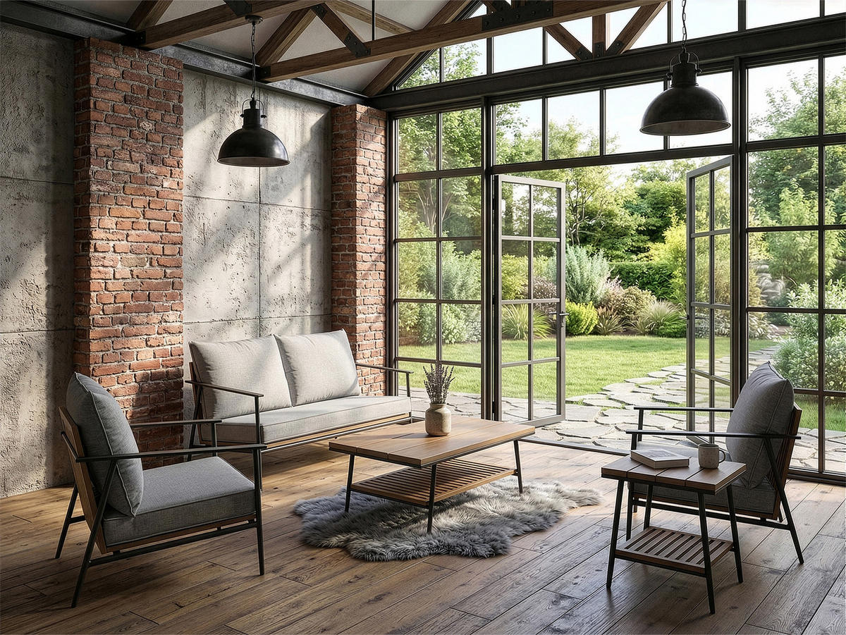 GARTENMÖBEL-SET mit 1 2-Sitzer-Sofa. 2 Einzelstühlen. 1 Couchtisch und 1 Beistelltisch. Schwarz. Grau und Eiche natur - Schwarz/Naturfarben, Metall - Home Collective