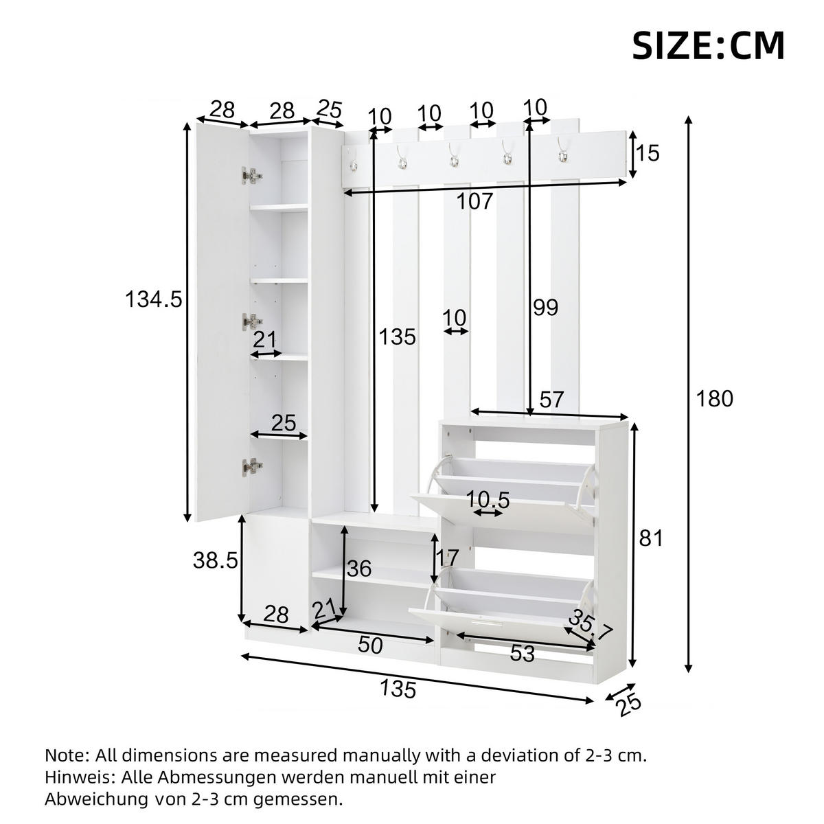 KOMPAKTGARDEROBE Spiegel Schuhschrank Hängeschrank Weiß - Weiß, Holzwerkstoff (135/180/25cm) - FLIEKS