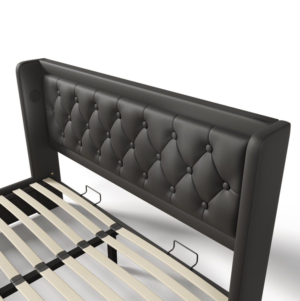 ČALÚNENÁ posteľ z PU 140x200 cm čierna s hydraulickým úložným priestorom, USB-C a LED osvetlením - čierna, koža (140/200cm) - Modfu