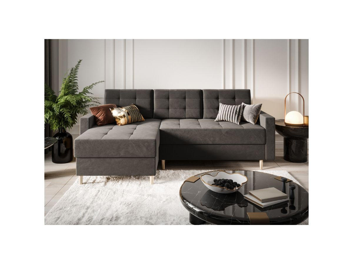 ECKSOFA BARI RN01, Eckcouch in L-Form mit Schlaffunktion, Farbe: Grau, Velourstoff, Ottomane Links - Grau, Textil (224/144cm) - O-Sofa