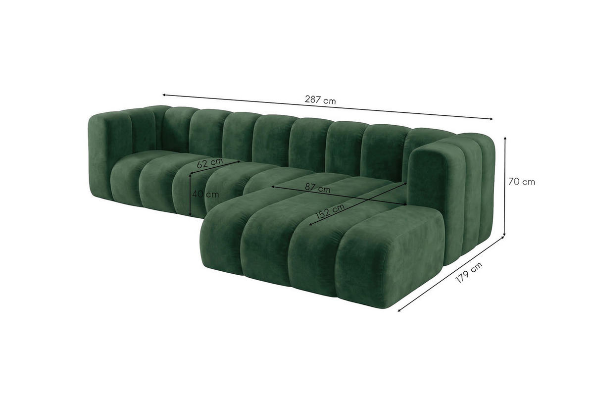 ECKSOFA Modulares In L-Form, Velvet-Stoff Riviera, Grün, Rechts, GRAND 287 cm - Grün, Holz (287/179cm) - Kaiser Möbel
