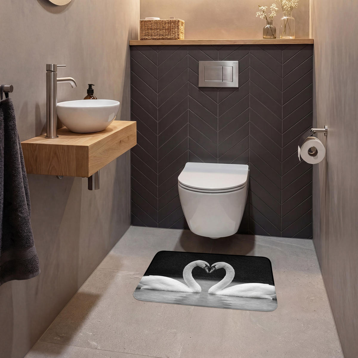 WC PŘEDLOŽKA Labutě - srdce - černá - bílá 60x40 cm - černá, textil/plast (60/1cm) - OnlyWow