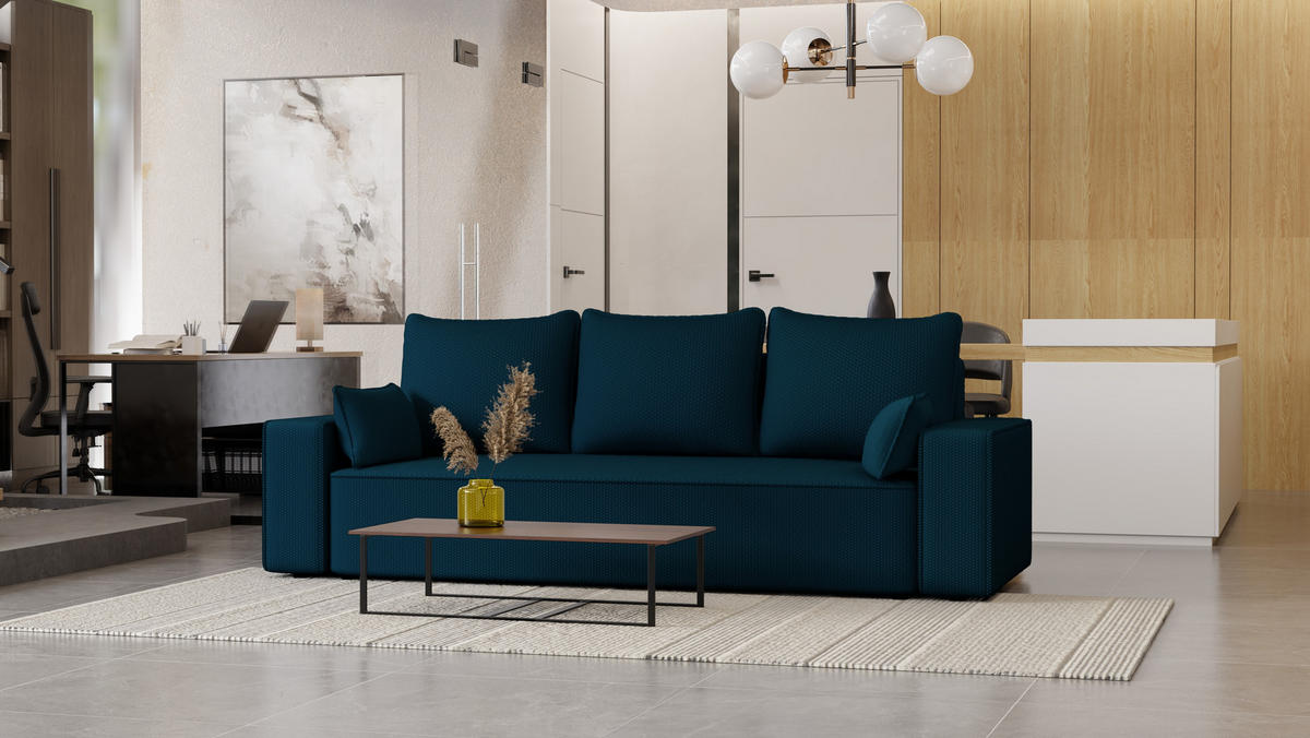 SOFA Vens mit Bettkasten und Schlaffunktion, Cordstoff - Dunkelblau, Holzwerkstoff (242/85/95cm)