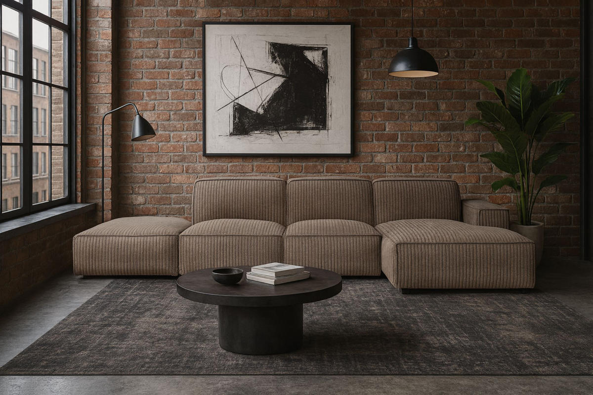 ECKSOFA Cursal L-Form, Stoff Poso, Dunkelbeige + Hocker, Rechts - Beige, Holz (341/166cm) - Kaiser Möbel