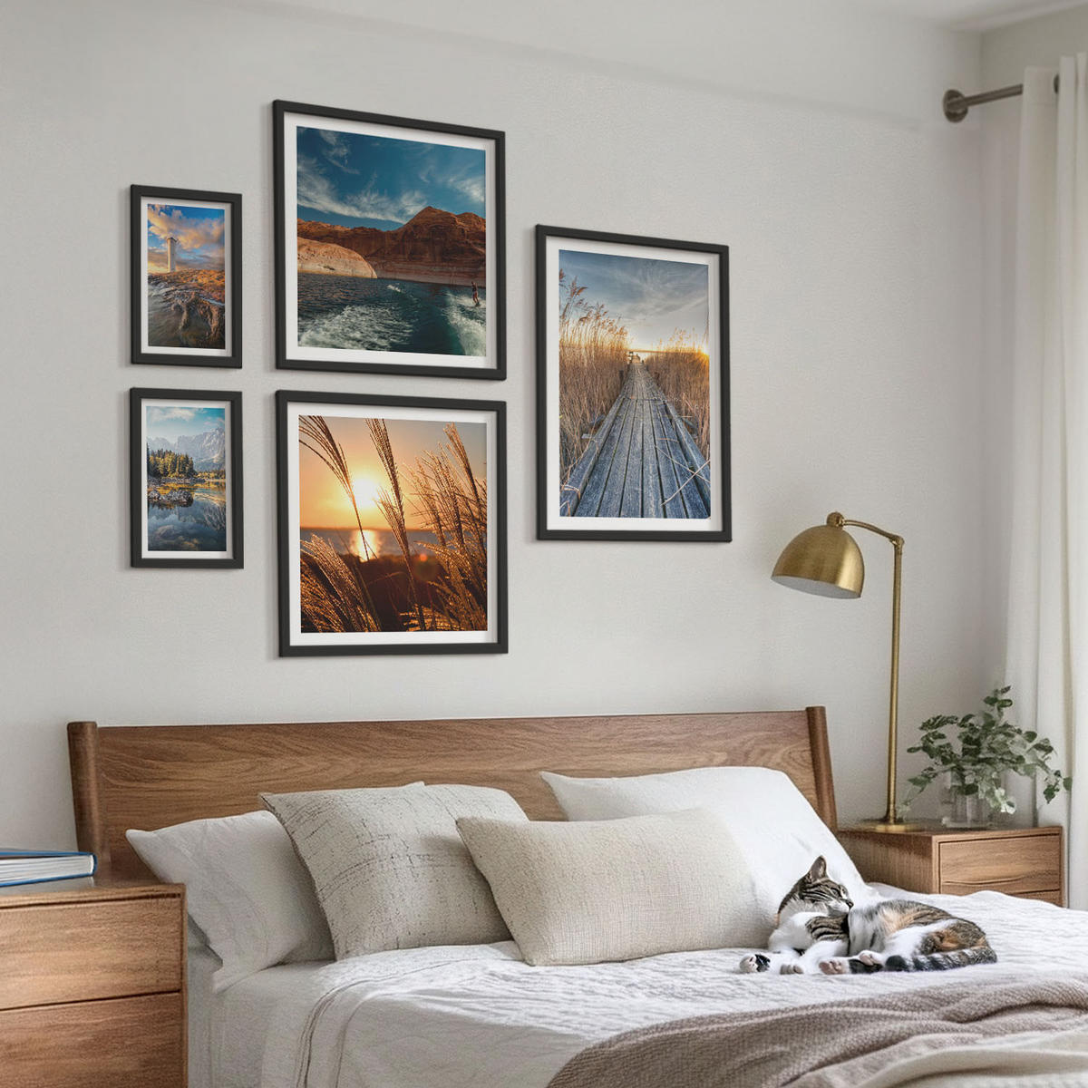 BILDER SET 5er Set - 50x50 cm & 20x30 cm & 40x60 cm Schwarzer Rahmen - Leuchtturm-Grassteg - Schwarz, Kunststoff (40/60cm) - TULUP