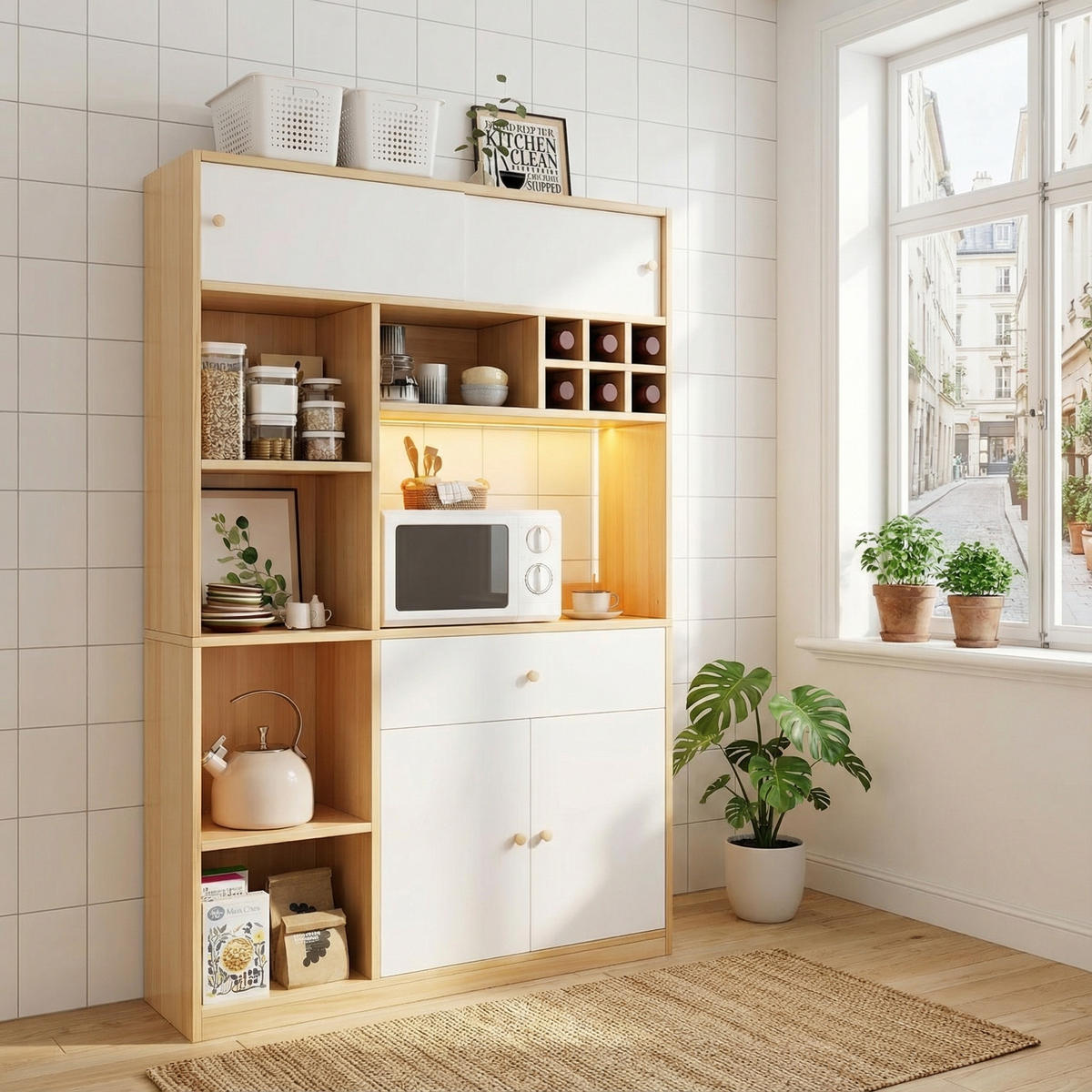HIGHBOARD mit LED Mikrowellenfach & 3 Türen - Eichefarben, Holzwerkstoff (115/180/35cm) - Urban Meuble