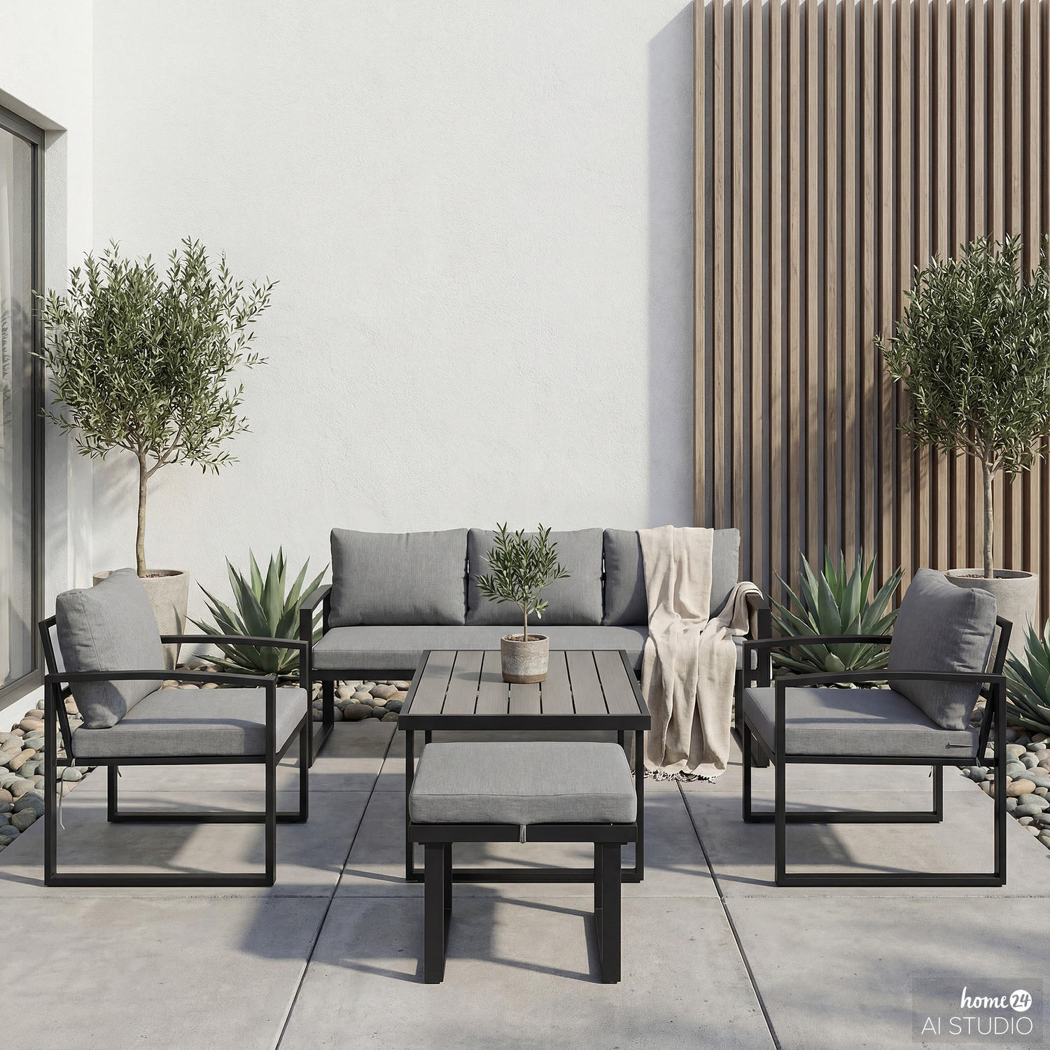 LOUNGESET - 3-teilig - Eisen / Webstoff - Grau / Anthrazit - Schwarz/Grau, Kunststoff/Textil - home24