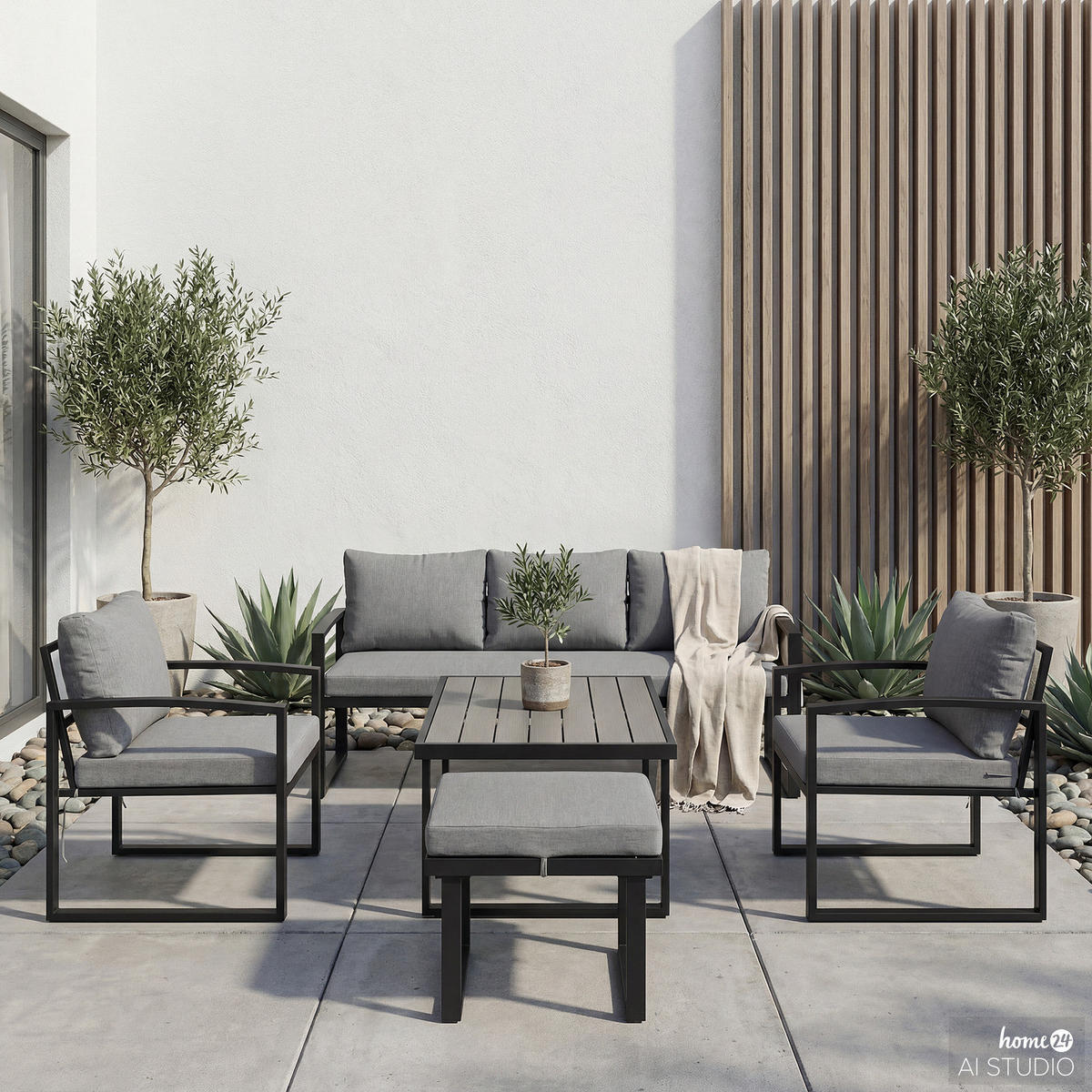 LOUNGESET - 3-teilig - Eisen / Webstoff - Grau / Anthrazit - Schwarz/Grau, Kunststoff/Textil - home24