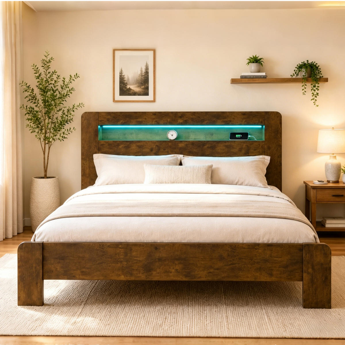 POLSTERBETT 180/200 cm Holzfarbe mit LED-Beleuchtung und integrierte Steckdosen - Eichefarben, Holz (180/200cm) - Oxeza