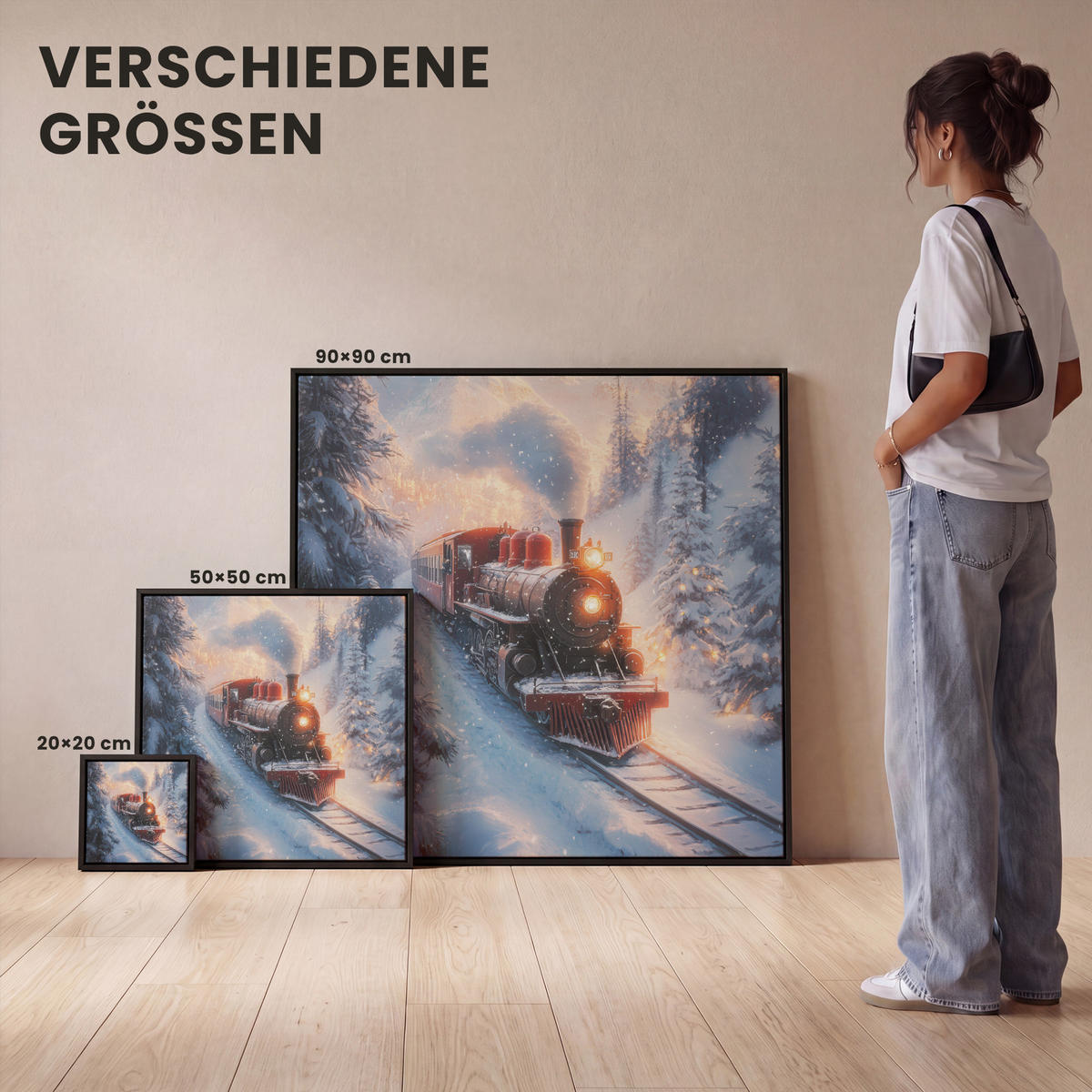 LEINWAND Bilder mit Rahmen - Weihnachtszug - Schnee - Winter - Weihnachten - 90x90 - Dunkelrot, Textil (90/90cm) - MuchoWow