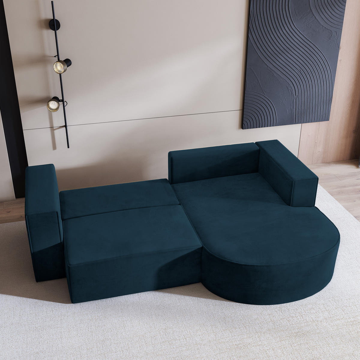 ECKSOFA SORELA M R-S Blau Velours-Stoff mit Schlaffunktion - Blau, Holz (263/174cm) - MASSENO