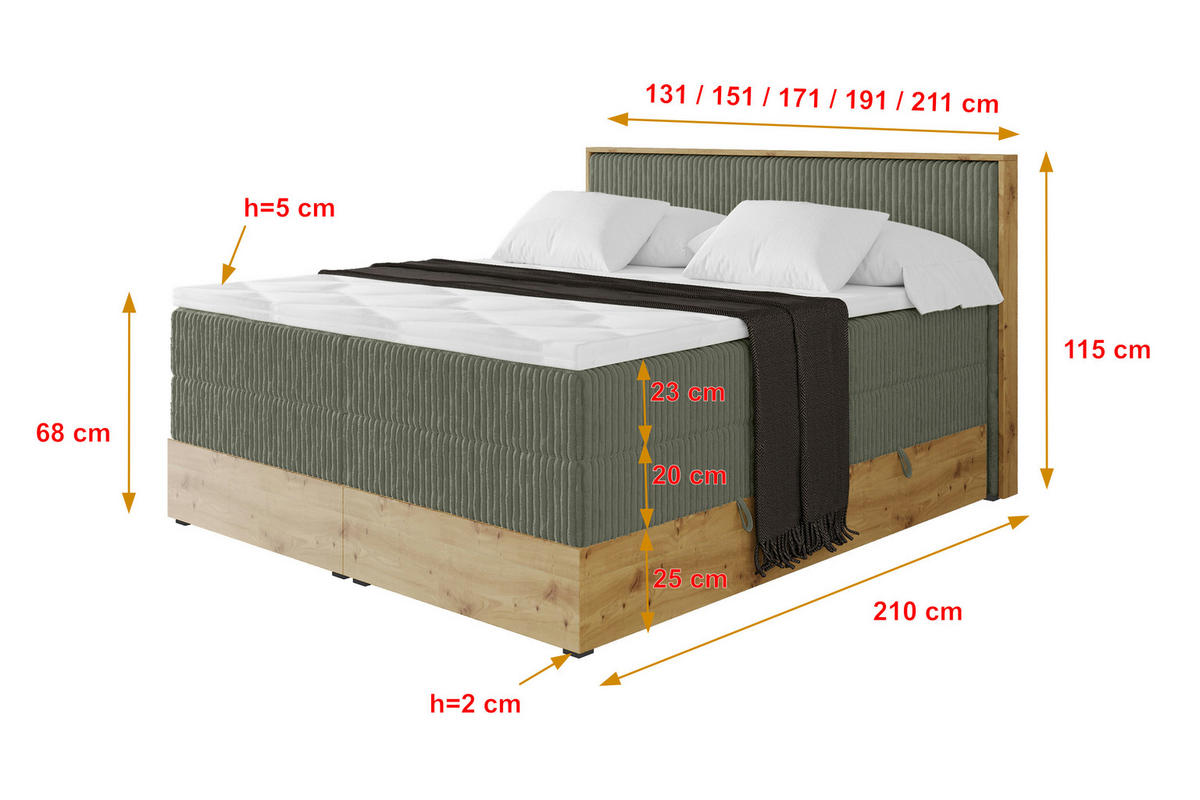 BOXSPRINGBETT LOLLI9 -KING 180x200 - H3/H4 Olivgrün - Olivgrün, Holzwerkstoff (180/200cm) - ALTDECOR