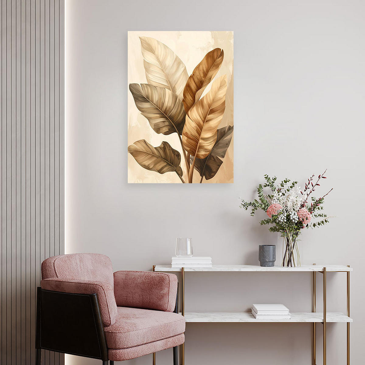 LEINWANDBILDER, Beige tropische Blätter in einer ruhigen botanischen Komposition - Beige, Textil (30/45cm) - Feeby