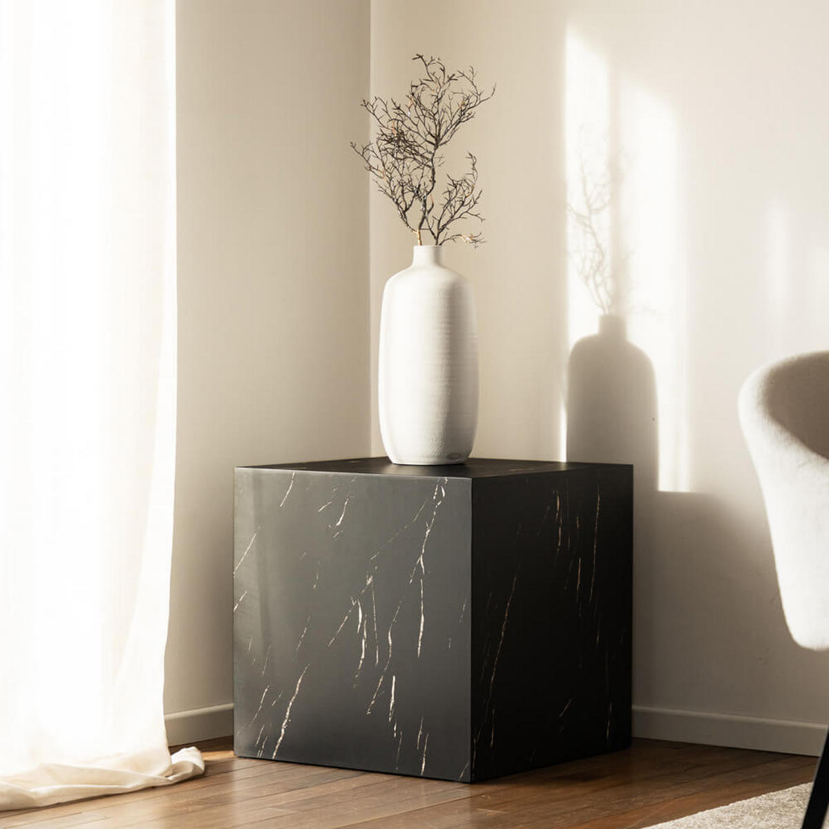 COUCHTISCH Marmor AMIRI M - 50 x 50 cm Schwarz - Schwarz, Holzwerkstoff/Textil (50/50/50cm) - Home Deluxe