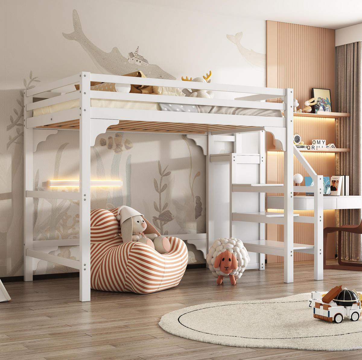 HOCHBETT 140/200 cm mit Stufentreppe, Kleiderschrank und Stauraum, Kiefernholz, Weiß - Weiß, Holz (140/200cm) - Redom
