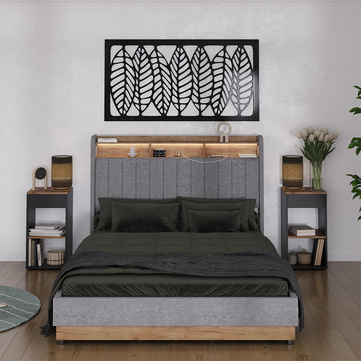 POLSTERBETT Nura Grau 140x200 cm mit 4 Schubladen - Eichefarben/Grau, Holzwerkstoff - VitaliSpa