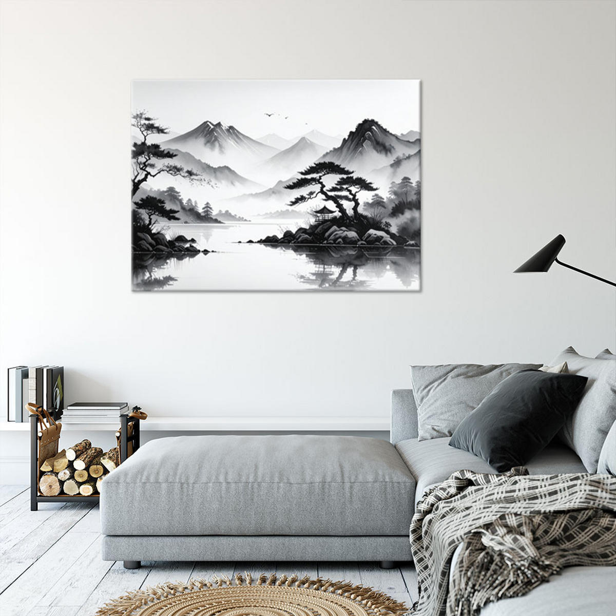 LEINWANDBILD Japanische Landschaft gemalt mit Tinte 90x60cm - Schwarz, Textil (90/60cm) - Feeby