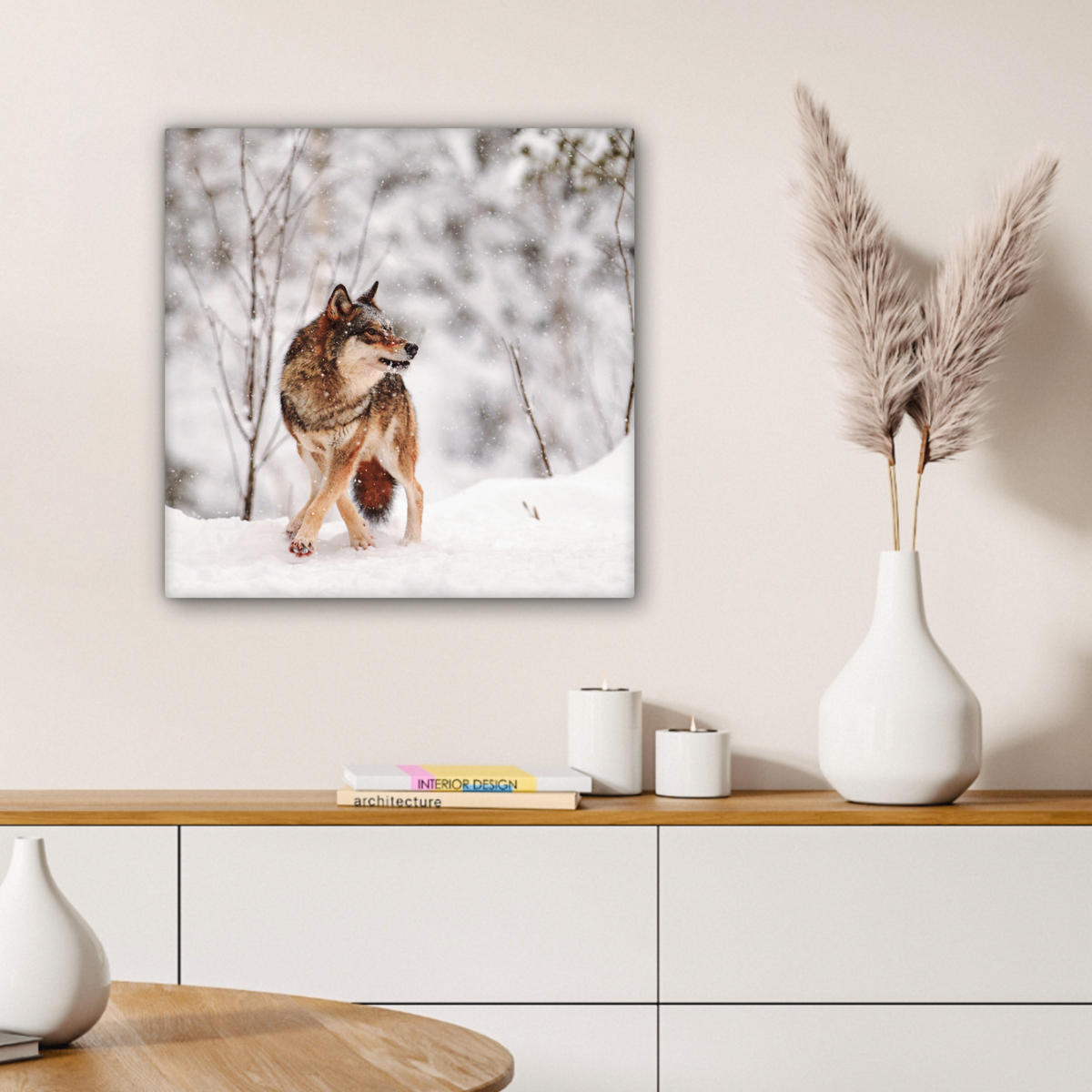 LEINWANDBILD Wolf - Winter - Schnee - Natur - Tiere 50x50 cm - Haselnussfarben, Textil (50/50cm) - MuchoWow