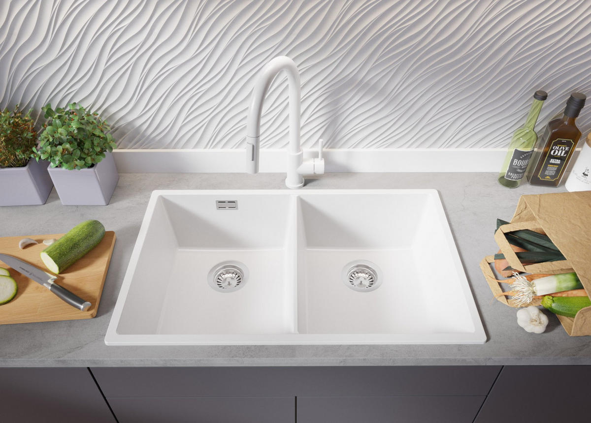 GRANITSPÜLE London Slim Twin, 2-er set Alles Weiß 76/47 cm 2 Becken + Küchenarmatur 32/20 cm + Ablauf-Set ab 80er Unterschrank - Weiß, Kunststoff (76/20/47cm) - Primagran