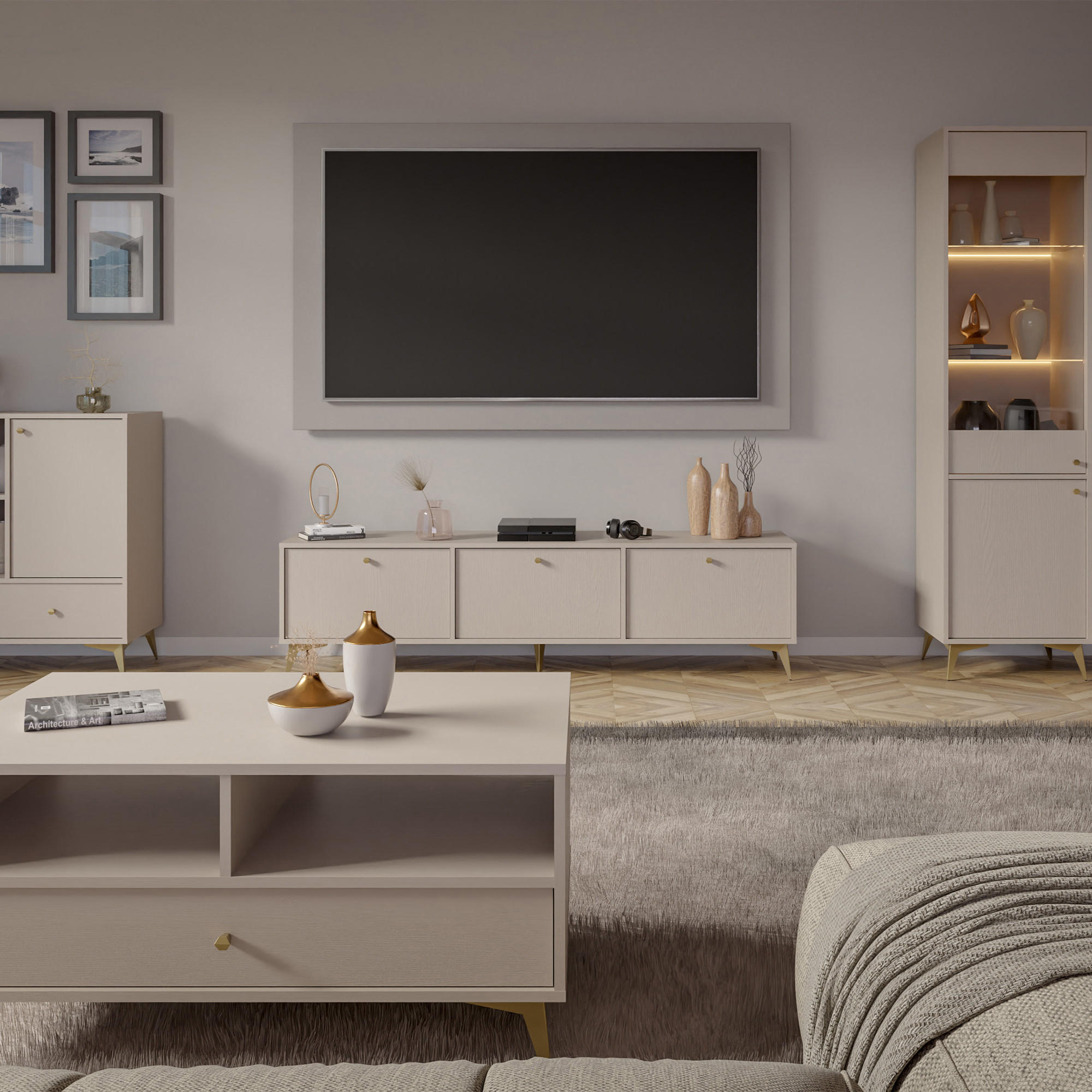 TV-LOWBOARD FLOREN, Creme/Gold - Creme, Holzwerkstoff/Metall (180/48.5/40.8cm) - KONSIMO®