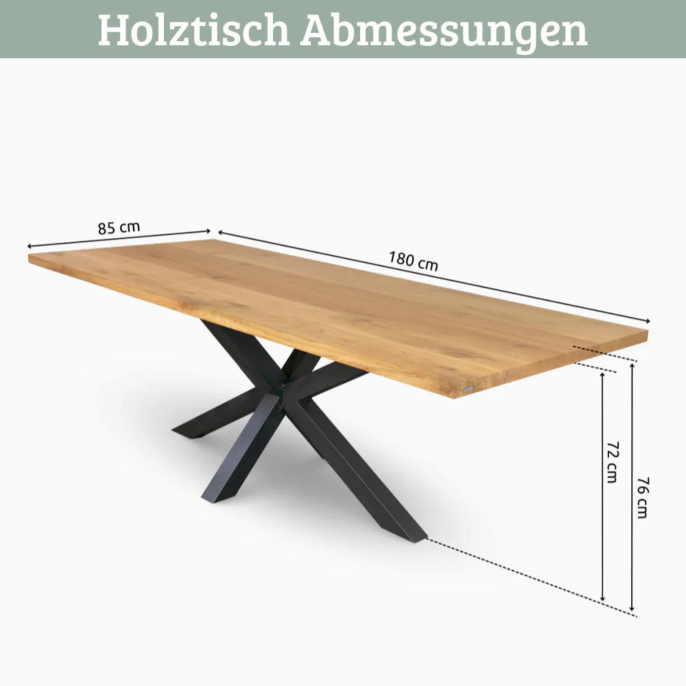 ESSTISCH Massivholz mit Baumkante RAGNAR 180x85 cm Eichenholz H-Spider Gestell - Braun, Holz/Metall (85/180/76cm) - DELUKE