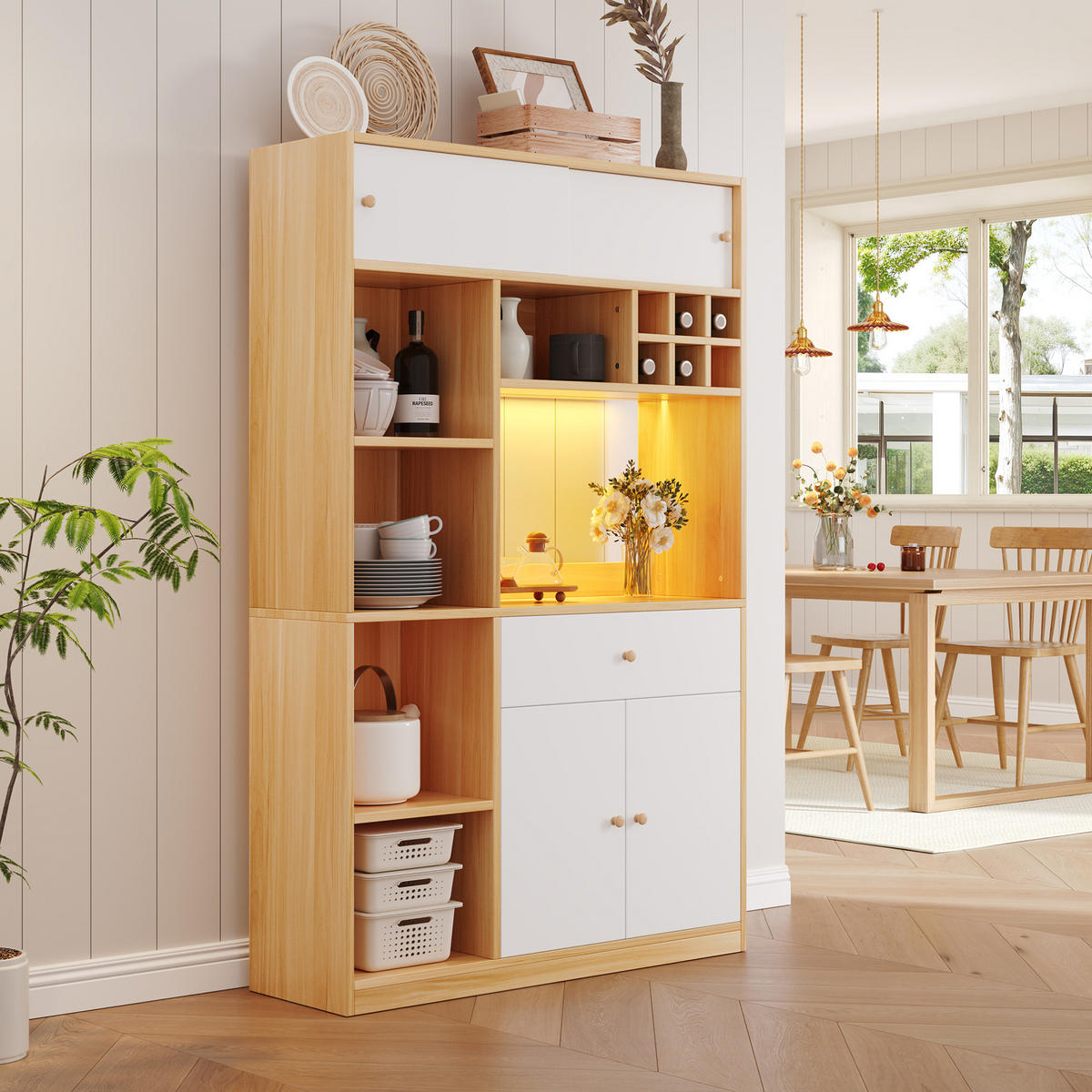 BUFFET 115/35/180 cm aus Spanplatte mit LED-Beleuchtung Weiß/Natur - Weiß, Holzwerkstoff (115/180/35cm) - Modenvie