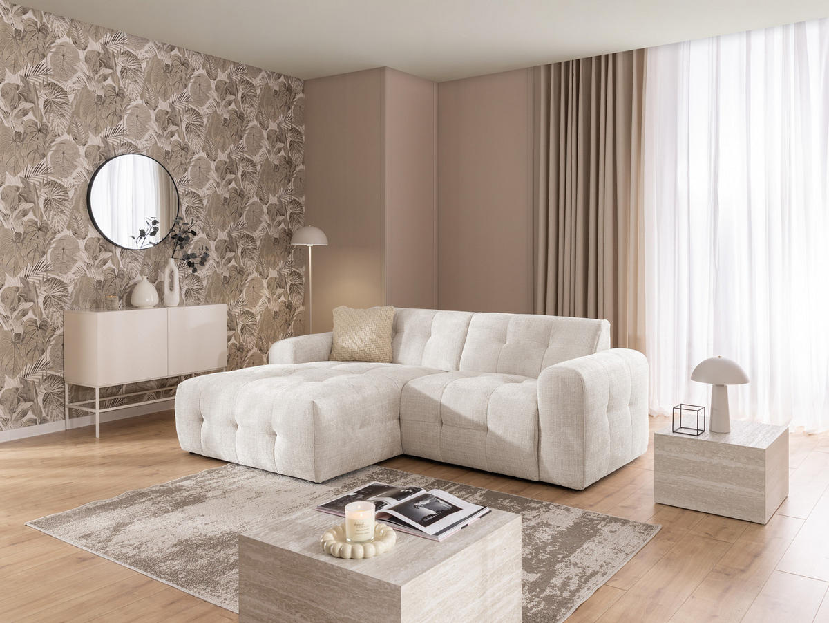 ECKSOFA Kozy im Bumpy-Design mit fester Rückenlehne aus weichem Beige Chenille-Stoff - Ottomane links - Beige/Creme, Holz/Kunststoff (161/234cm) - S-Style Möbel