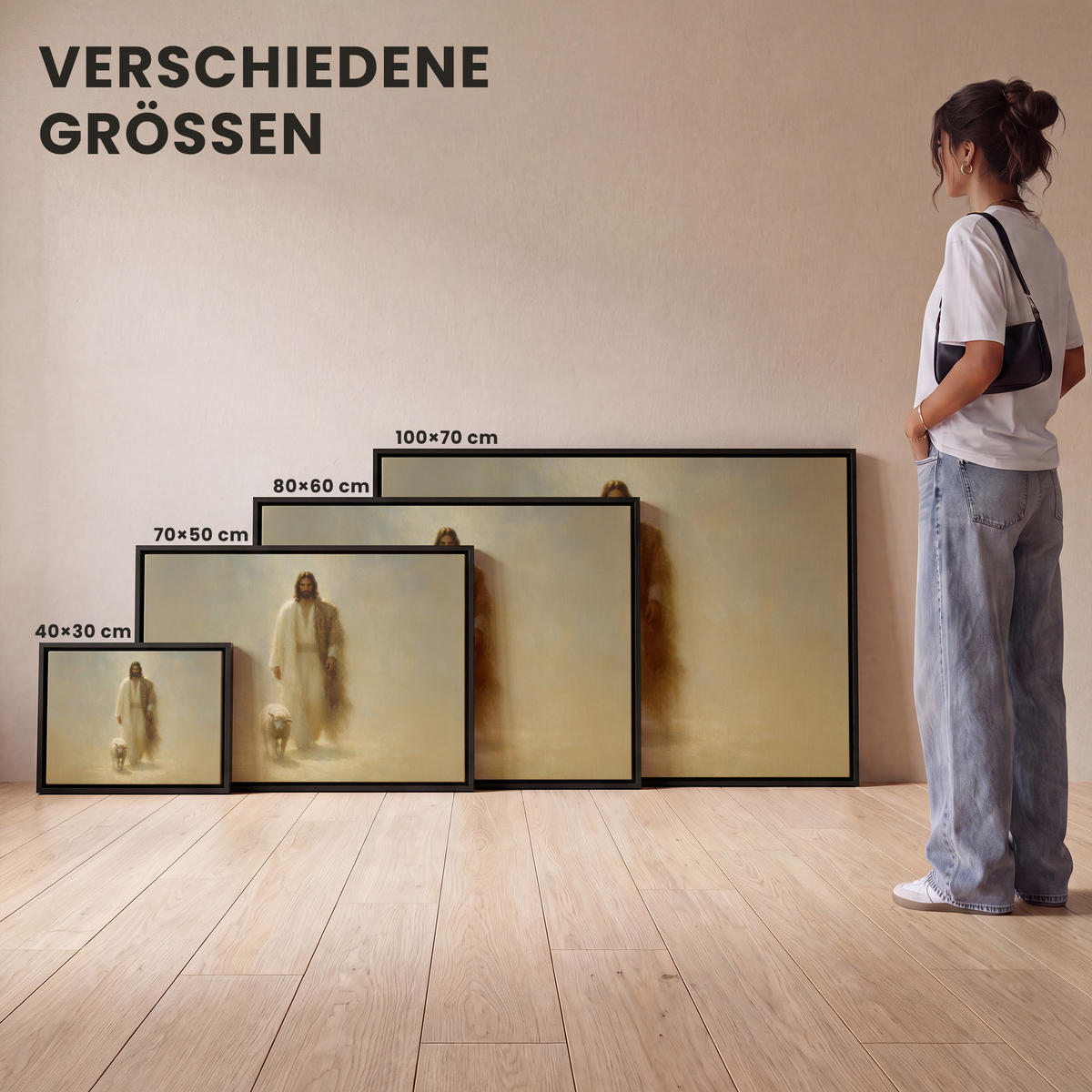 LEINWAND Bilder mit Rahmen - Schaf - Jesus - Pinselstriche - Abstrakt - 100x70 - Beige, Textil (100/70cm) - MuchoWow