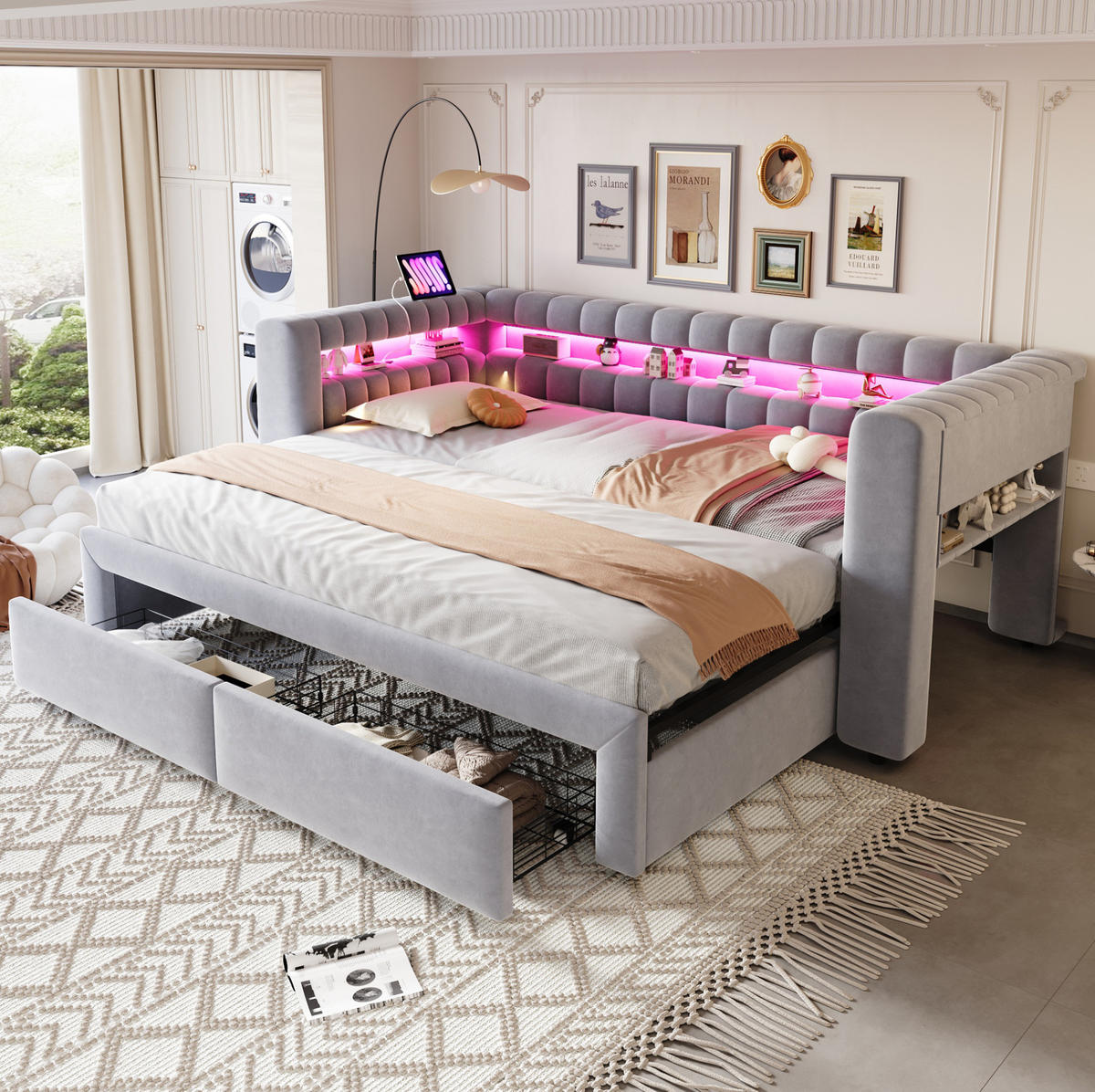 ČALOUNĚNÁ rozkládací postel 90/190 cm s přistýlkou, zásuvkami, LED, USB a úložným prostorem, samet, Světle šedá - světle šedá, textil (90/190cm) - Redom