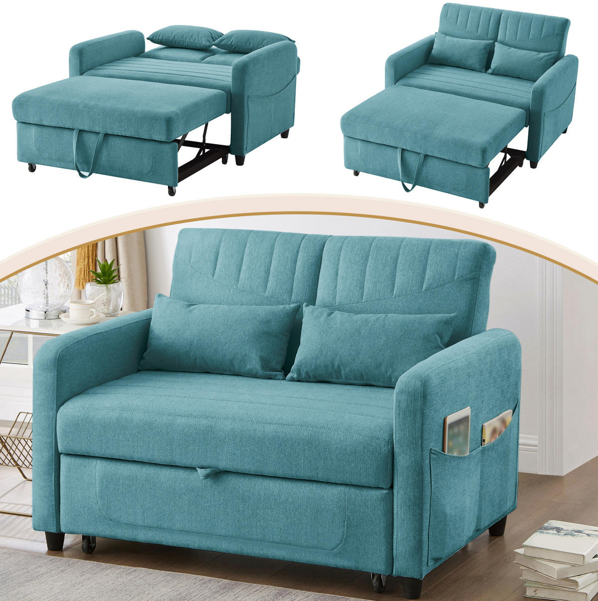 SOFABETT mit Schlaffunktion 166 x 95 cm Baumwoll-Leinen - Blau, Metall (77/82.5/114cm) - Meubliv