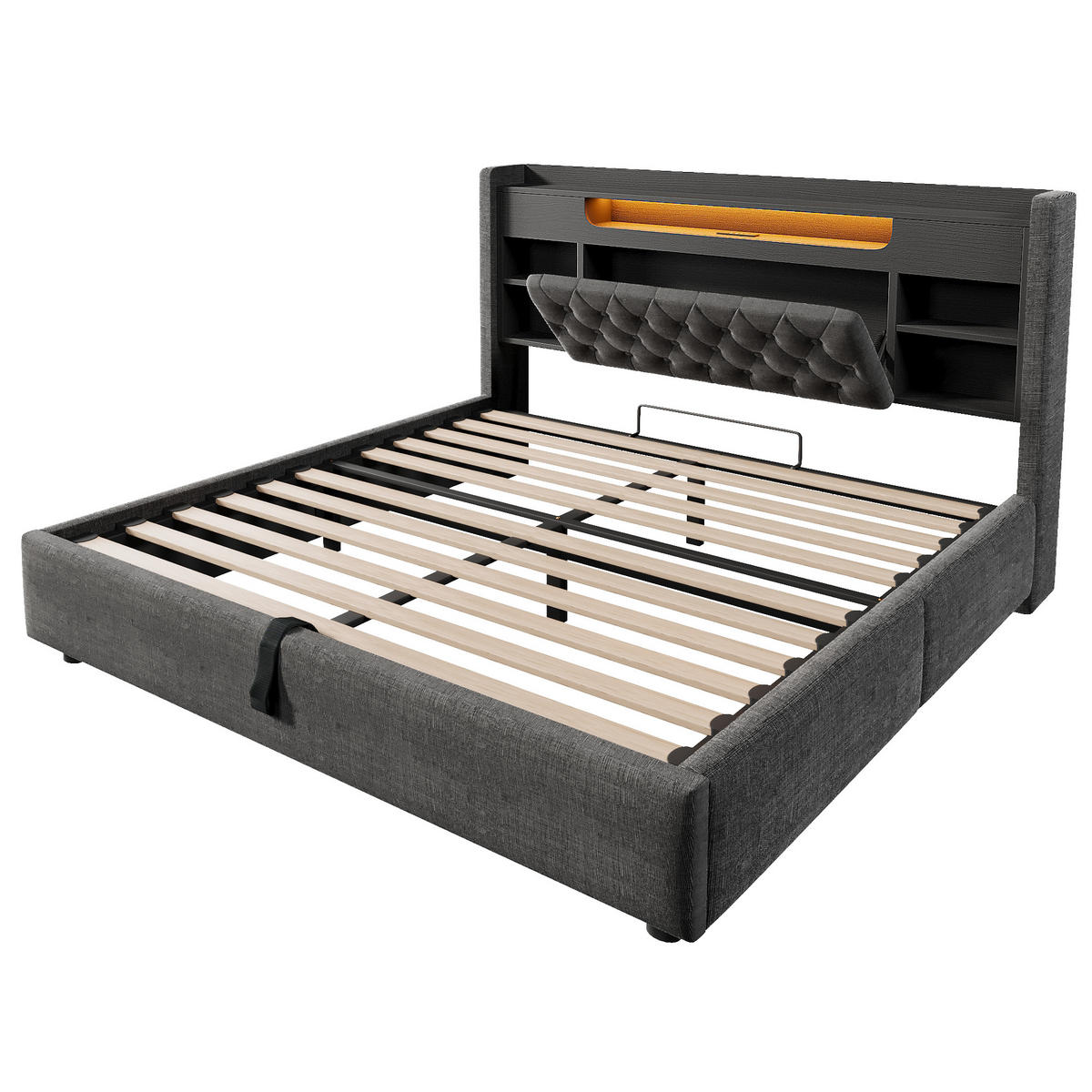 POLSTERBETT 140/200 cm in Grau mit LED, USB & Bettkasten aus Leinen - Grau, Holzwerkstoff/Textil (140/200cm) - CHICFURN