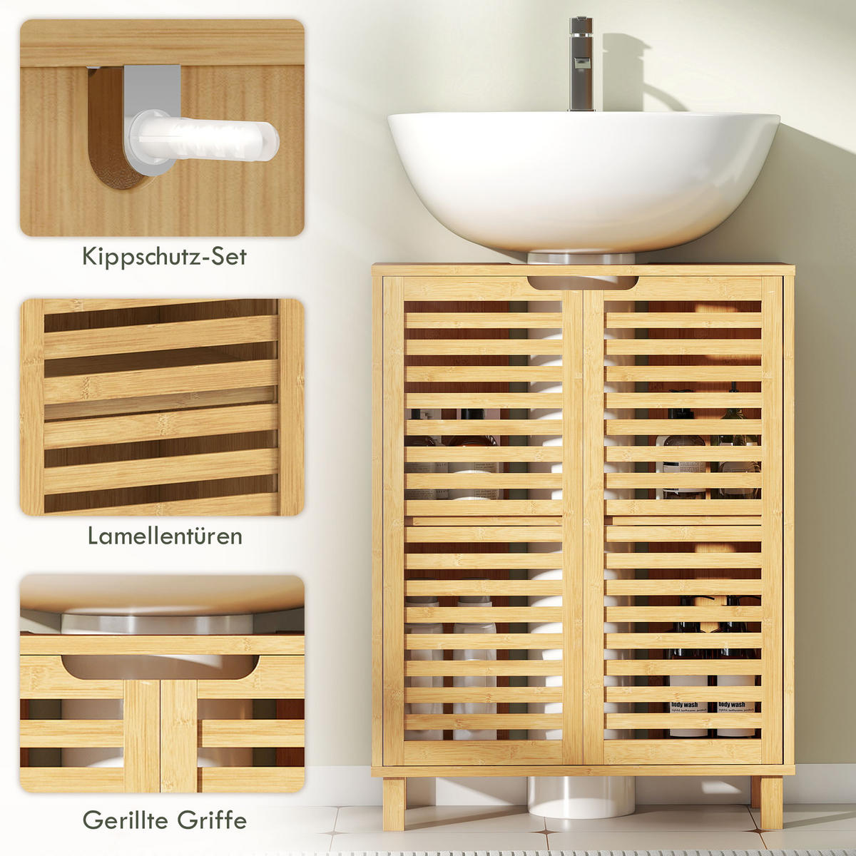 WASCHBECKENUNTERSCHRANK mit 2 Lamellentüren und verstellbarem Einlegeboden - Naturfarben, Holz (30/80/60cm) - HOMCOM